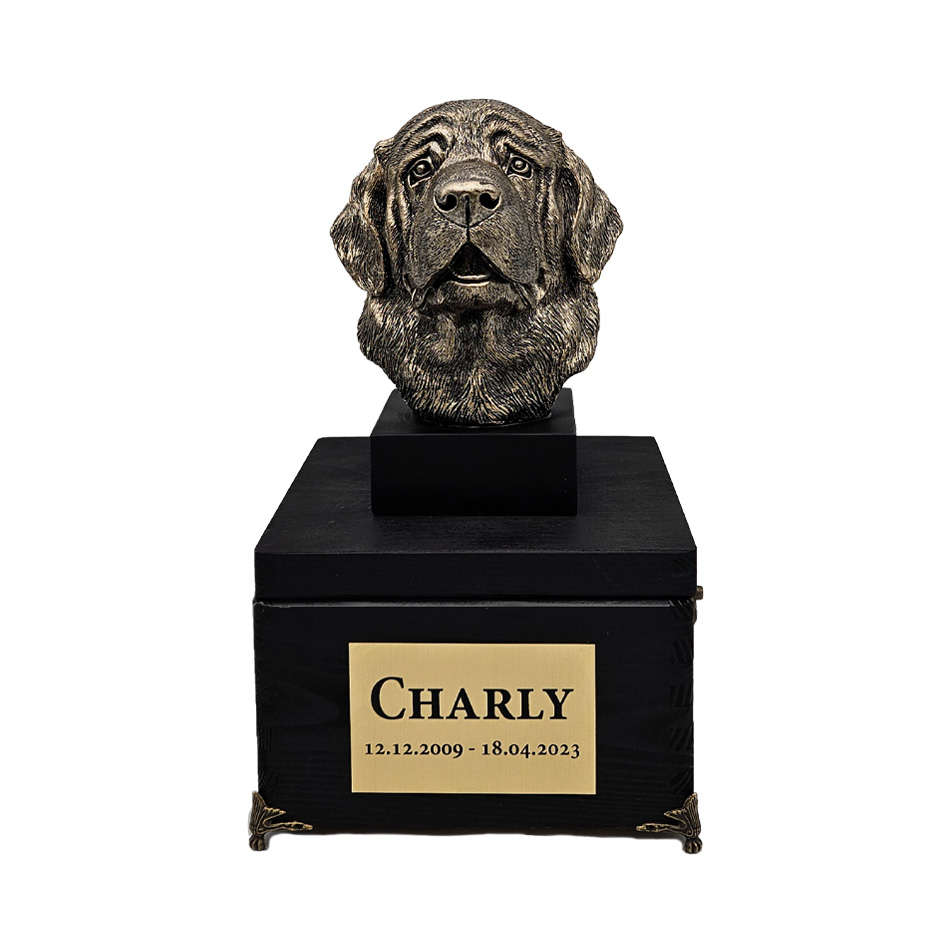 Hund Holz Urne Bernhard mit Statue und Gravur 12