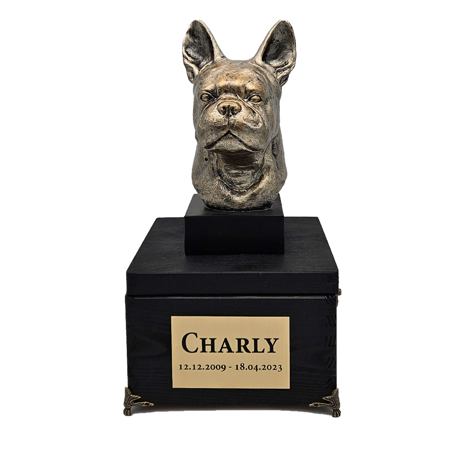 Hund Holz Urne Boston Terrier mit Statue und Gravur 18