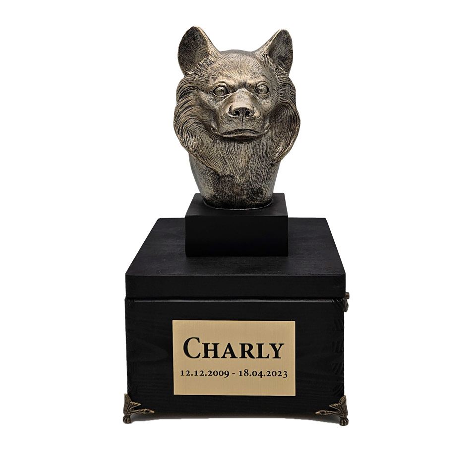 Hund Holz Urne Chihuahua Langhaarige mit Statue und Gravur 08