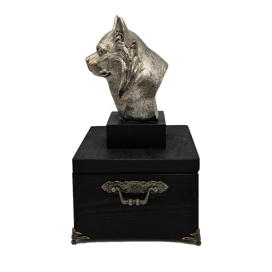 Hund Holz Urne Chihuahua Langhaarige mit Statue und Gravur 08