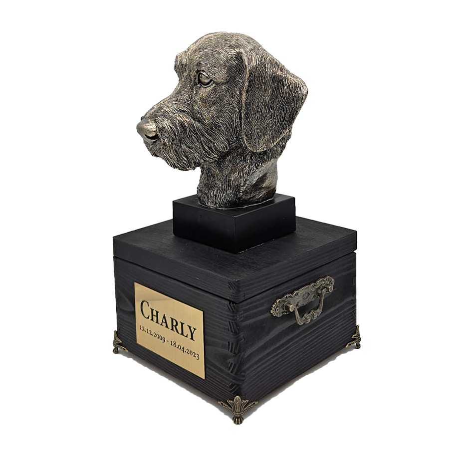 Hund Urne Dackel Drahthaarige mit Statue und Gravur 04