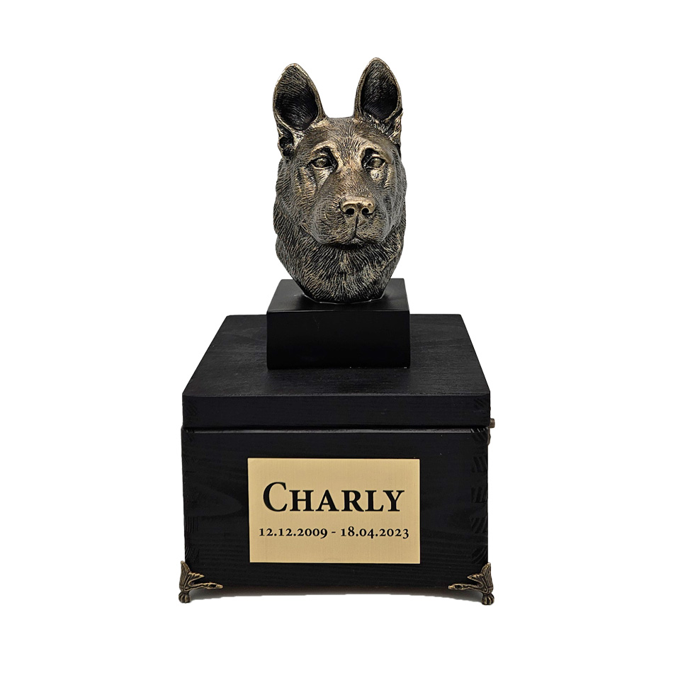 Hund Holz Urne Deutscher Schäferhund mit Statue und Gravur 19