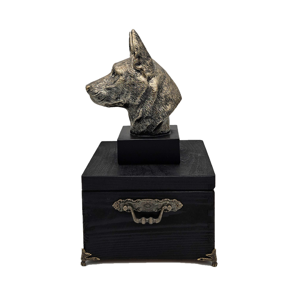 Hund Holz Urne Deutscher Schäferhund mit Statue und Gravur 19
