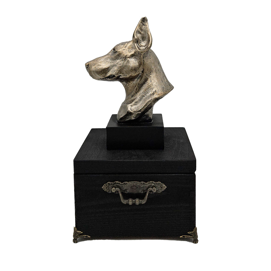 Hund Holz Urne Dobermann mit Statue und Gravur 16