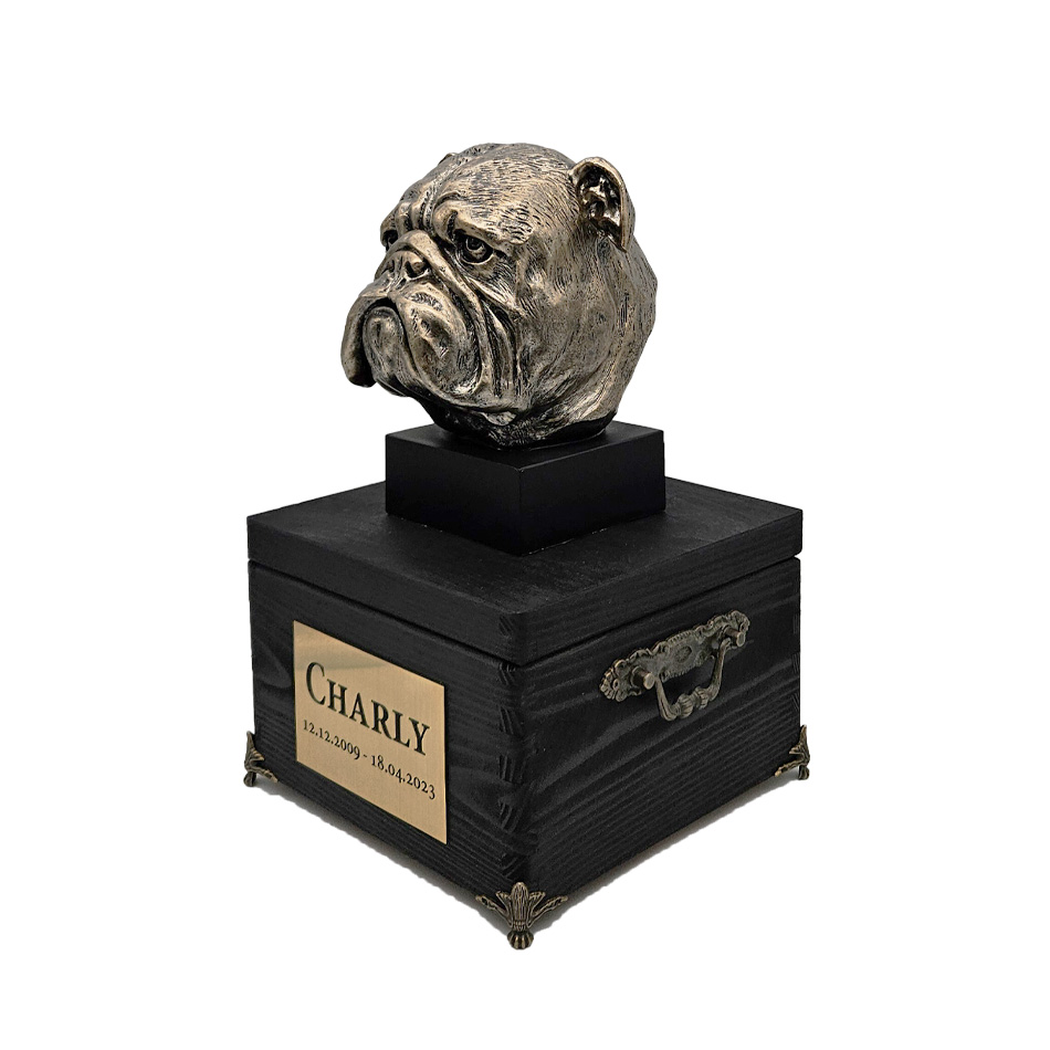 Hund Holz Urne Englische Britische Bulldogge mit Statue und Gravur 09