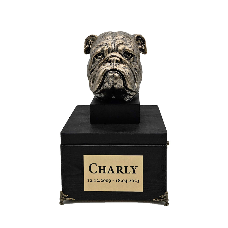 Hund Holz Urne Englische Britische Bulldogge mit Statue und Gravur 09