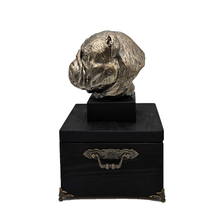 Hund Holz Urne Englische Britische Bulldogge mit Statue und Gravur 09