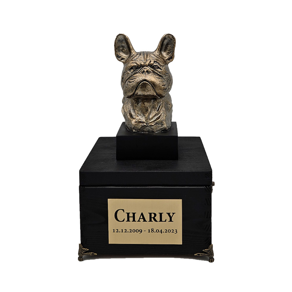 Hund Holz Urne Französische Bulldogge mit Statue und Gravur 13