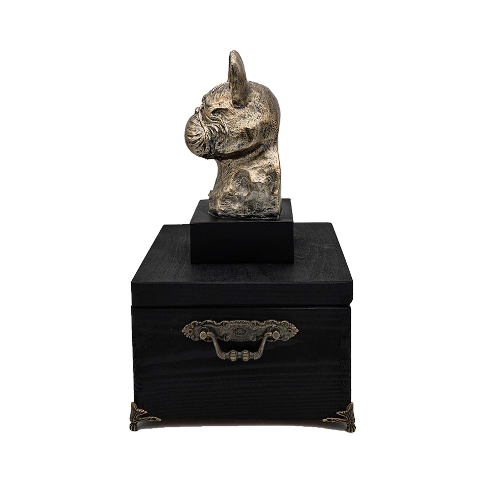 Hund Holz Urne Französische Bulldogge mit Statue und Gravur 13