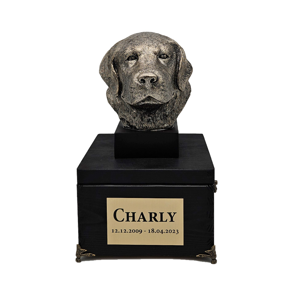 Hund Holz Urne Golden Retriever mit Statue und Gravur 07