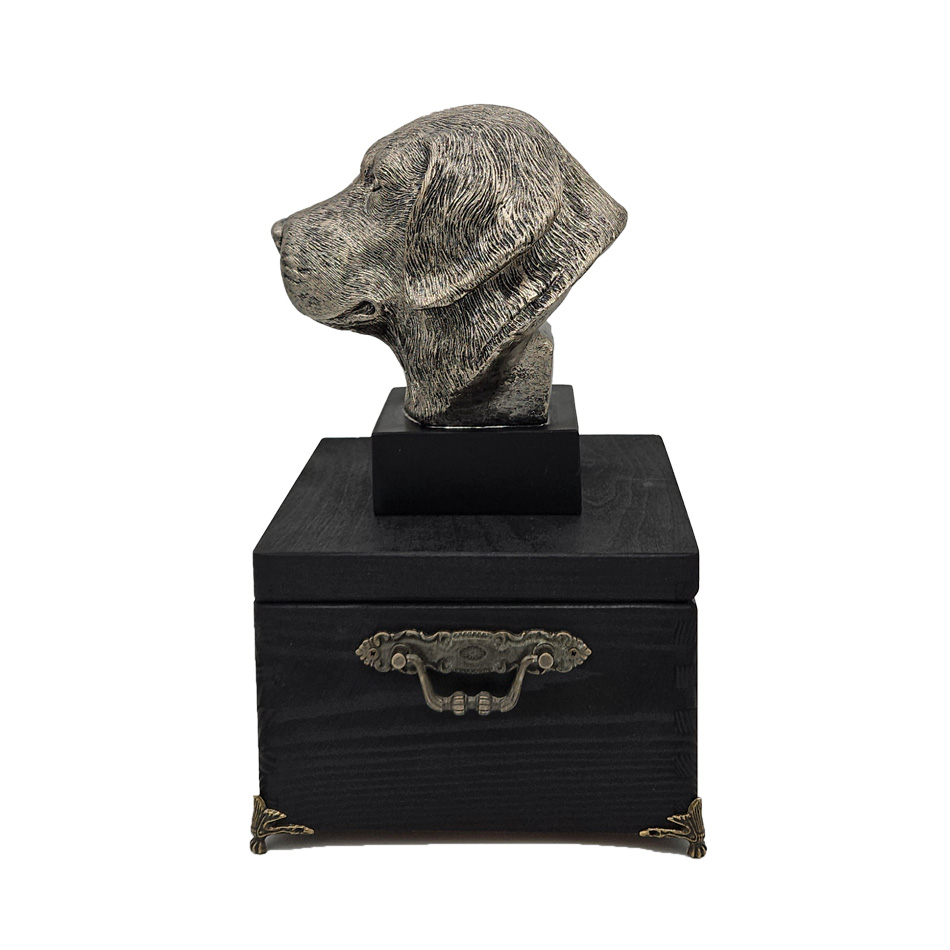 Hund Holz Urne Golden Retriever mit Statue und Gravur 07