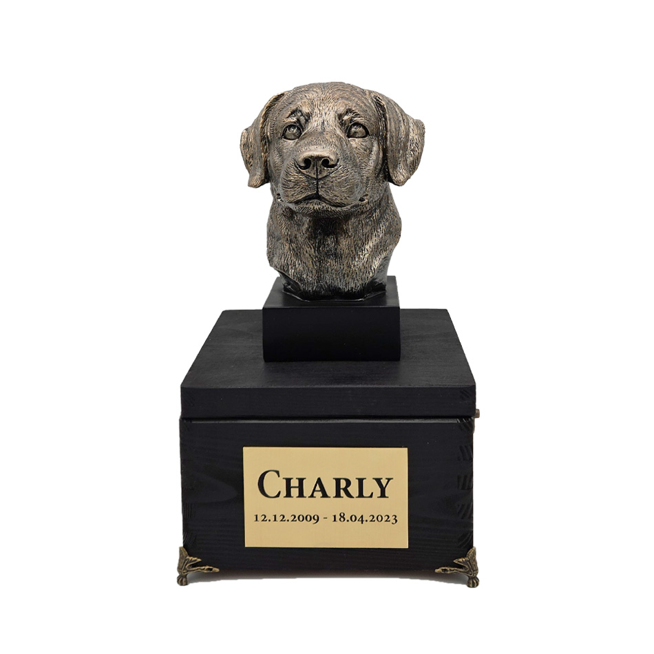 Hund Holz Urne Labrador Retriever mit Statue und Gravur 20