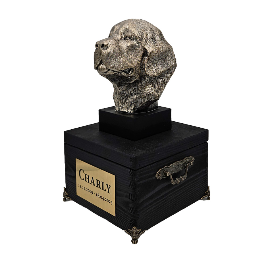 Hund Holz Urne Neufundland mit Statue und Gravur 06