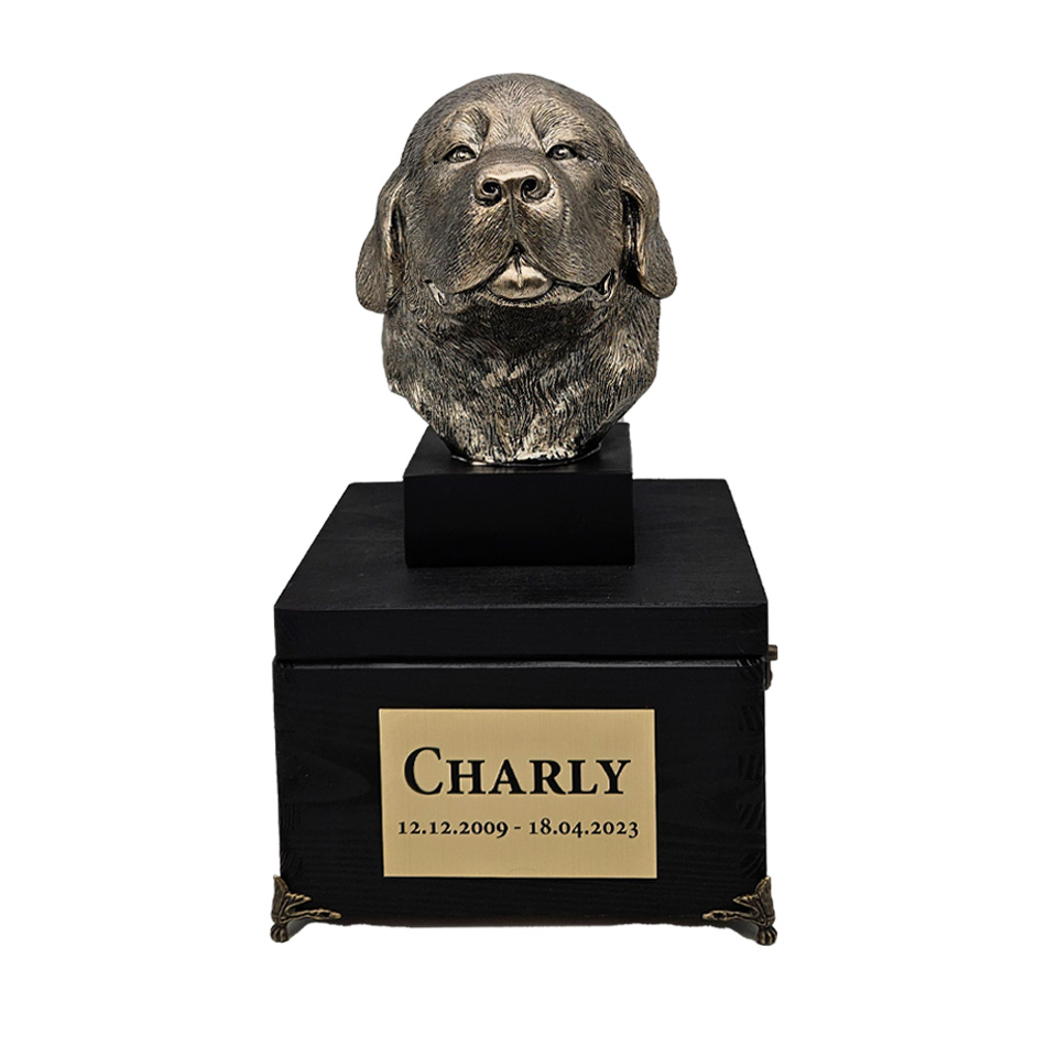 Hund Holz Urne Neufundland mit Statue und Gravur 06
