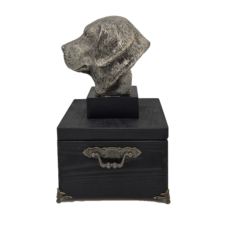 Hund Holz Urne Neufundland mit Statue und Gravur 06