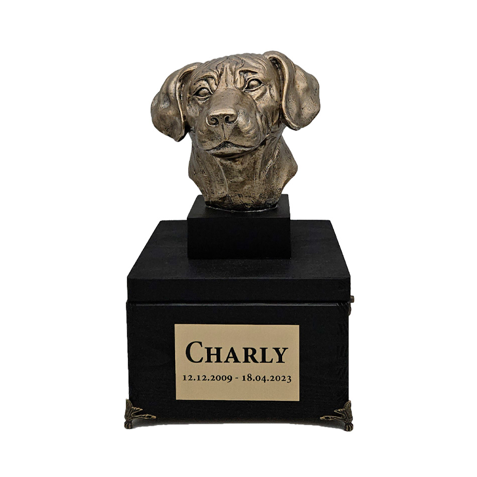 Hund Holz Urne Rhodesian Ridgeback mit Statue und Gravur 10