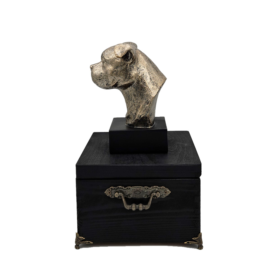 Hund Holz Urne Staffordshire Bull Terrier mit Statue und Gravur 15