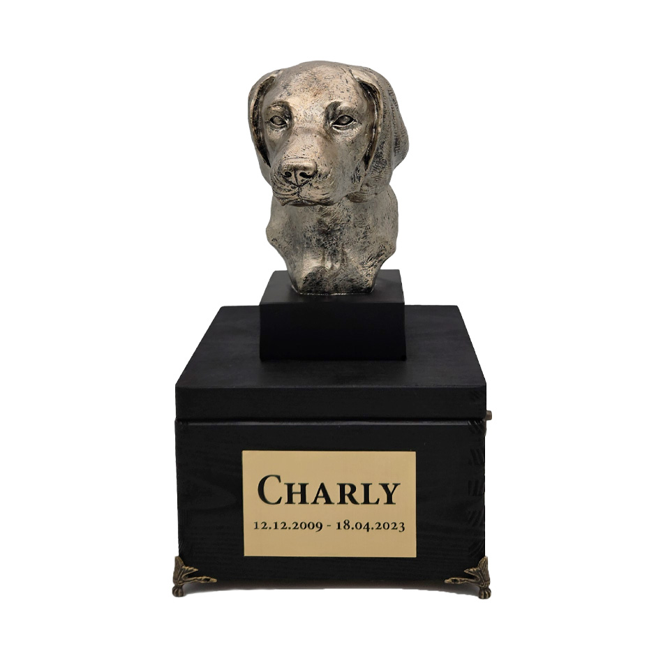 Hund Holz Urne Weimaraner mit Statue und Gravur 11