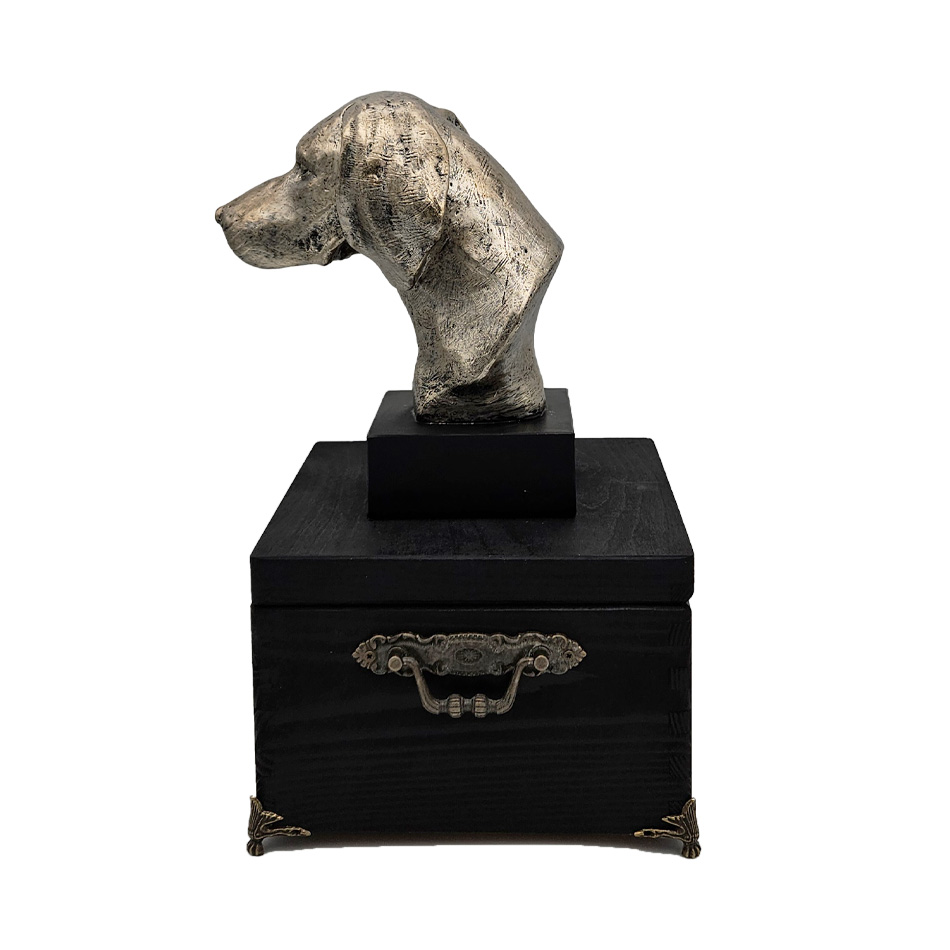 Hund Holz Urne Weimaraner mit Statue und Gravur 11